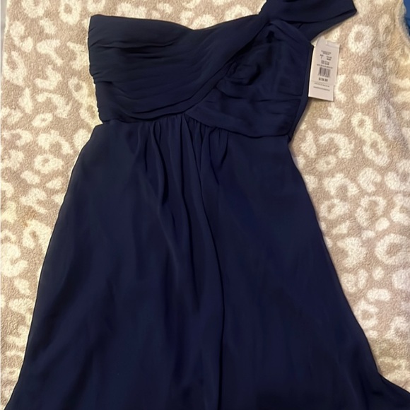 David's Bridal Dresses & Skirts - David’s Bridal One-Shoulder Navy Chiffon Dress NWT | Size 8 Formal Gown